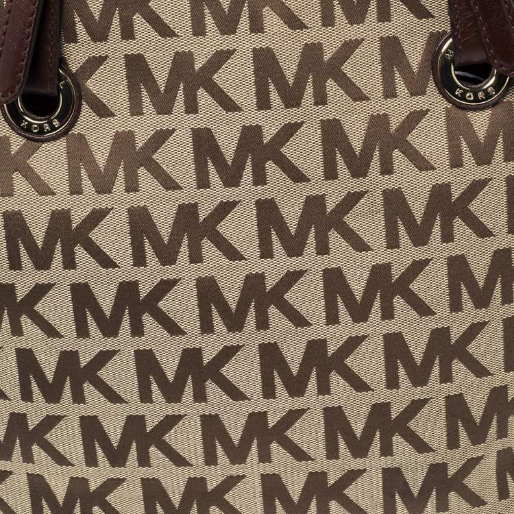 Pre Owned MICHAEL Michael Kors Beige/Brown Signature Canvas and Leather Jet Set Tote