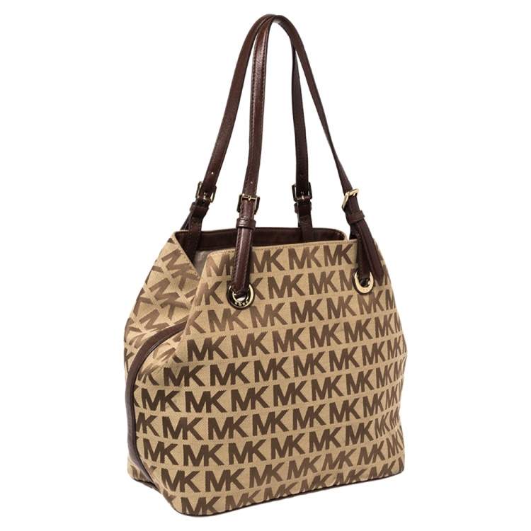 Pre Owned MICHAEL Michael Kors Beige/Brown Signature Canvas and Leather Jet Set Tote