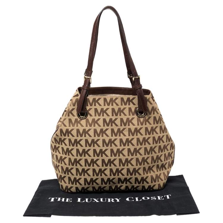Pre Owned MICHAEL Michael Kors Beige/Brown Signature Canvas and Leather Jet Set Tote