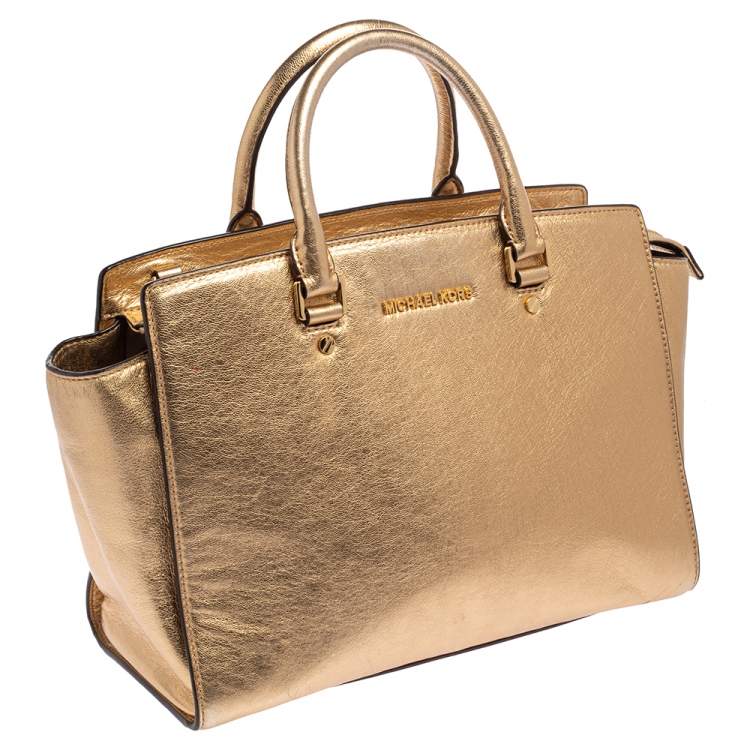 Pre Owned MICHAEL Michael Kors Metallic Gold Leather Large Selma Satchel