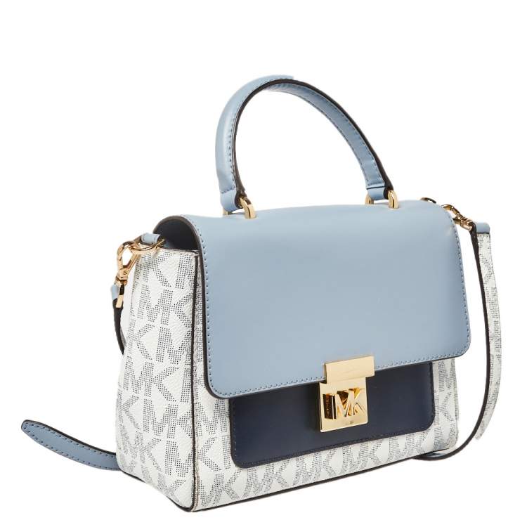 Pre Owned MICHAEL Michael Kors Blue/White Coated Canvas and Leather Top Handle Bag