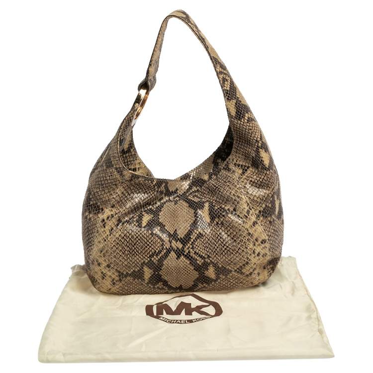 Pre Owned Michael Michael Kors Beige/Black Python Effect Leather Fulton Hobo