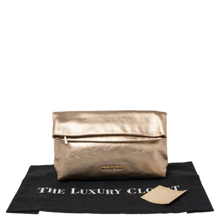 Pre Owned MICHAEL Michael Kors Gold Leather Daria Fold Over Clutch 