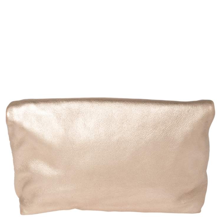Pre Owned MICHAEL Michael Kors Gold Leather Daria Fold Over Clutch 