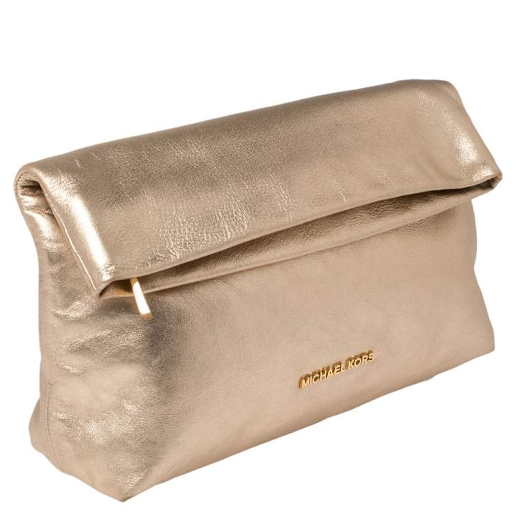 Pre Owned MICHAEL Michael Kors Gold Leather Daria Fold Over Clutch 