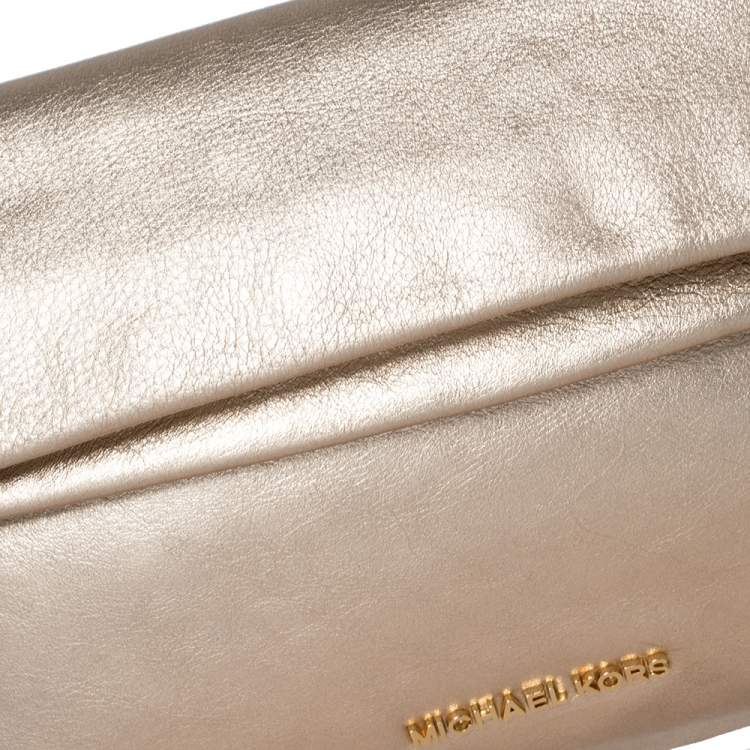 Pre Owned MICHAEL Michael Kors Gold Leather Daria Fold Over Clutch 