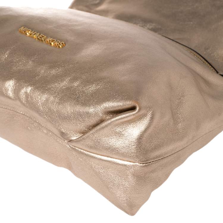 Pre Owned MICHAEL Michael Kors Gold Leather Daria Fold Over Clutch 