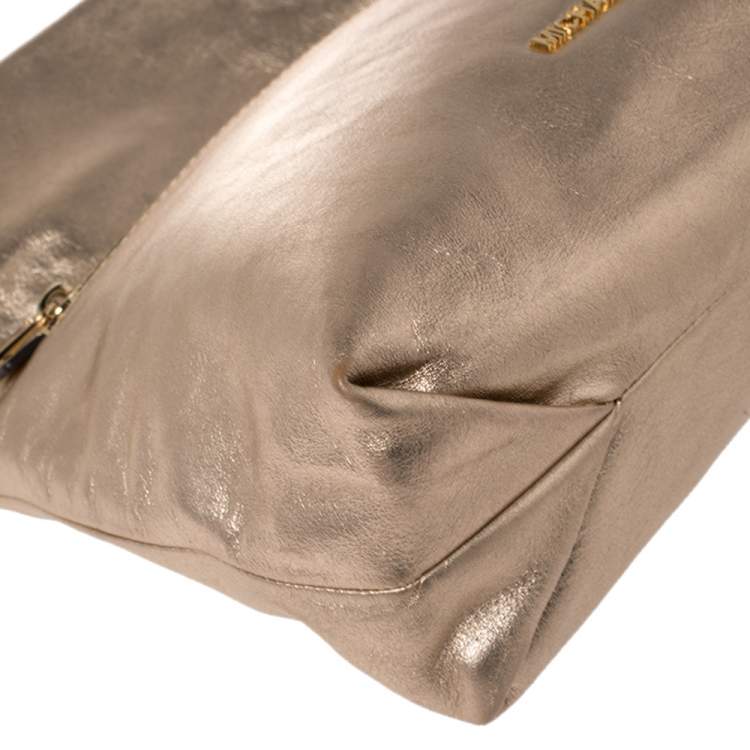 Pre Owned MICHAEL Michael Kors Gold Leather Daria Fold Over Clutch 