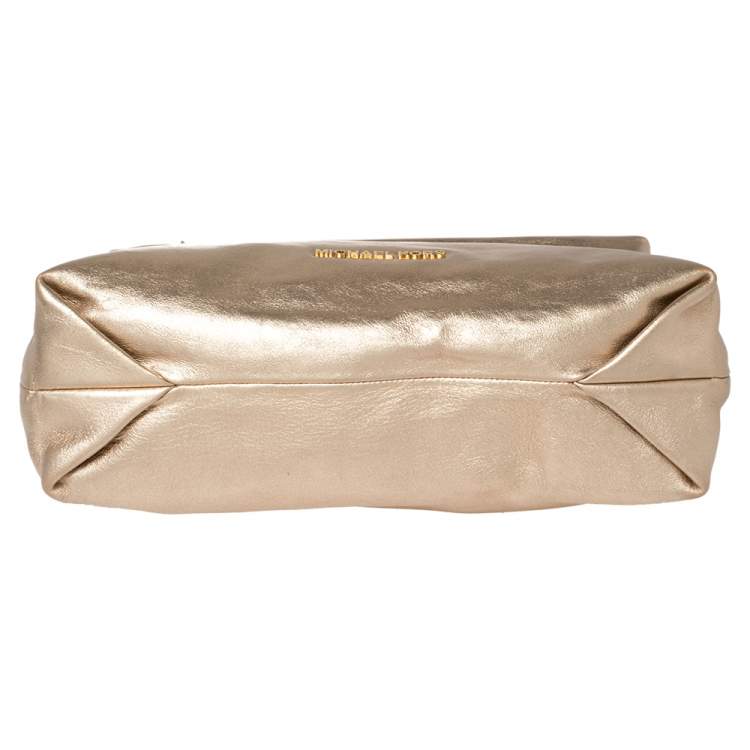 Pre Owned MICHAEL Michael Kors Gold Leather Daria Fold Over Clutch 