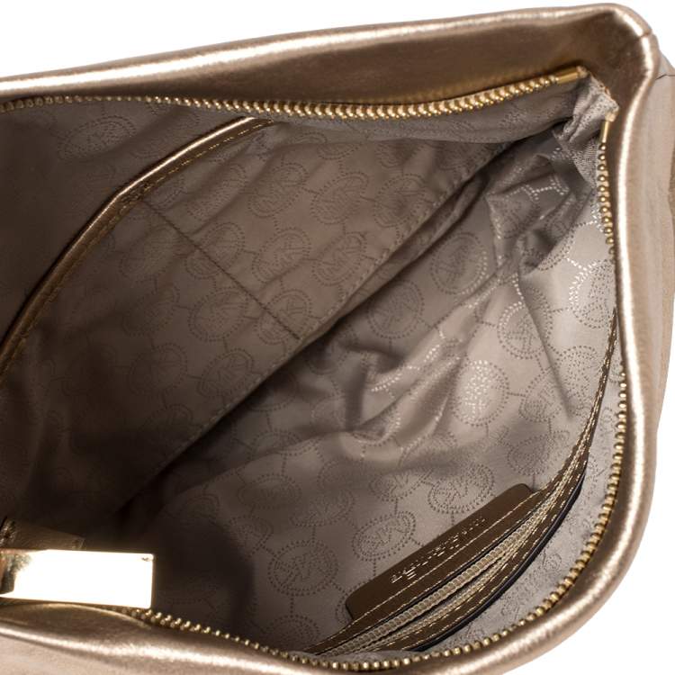 Pre Owned MICHAEL Michael Kors Gold Leather Daria Fold Over Clutch 