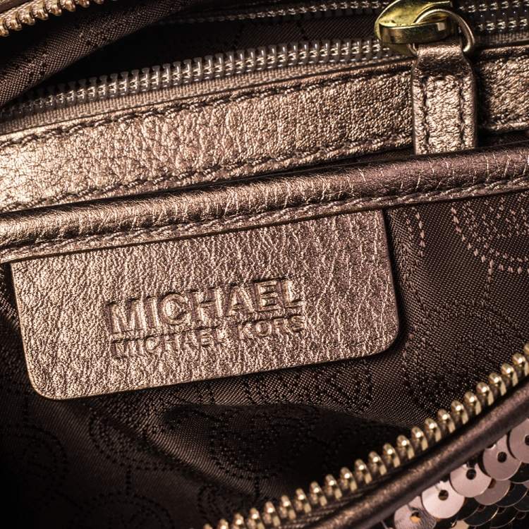 Pre Owned MICHAEL Michael Kors Gold Sequins and Leather Medium Grayson Boston Bag