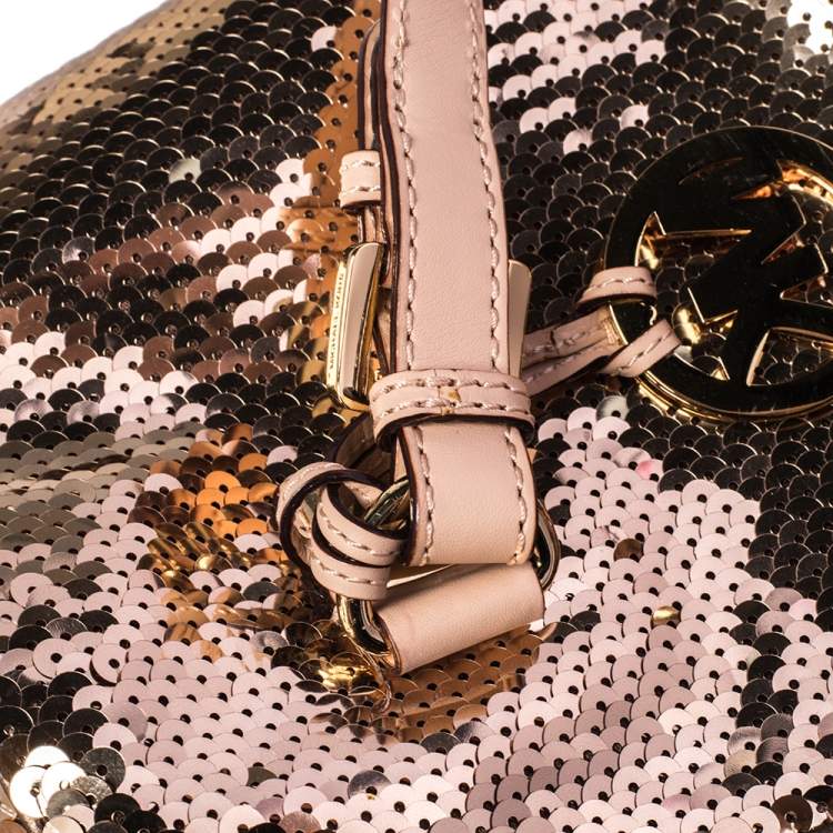 Pre Owned MICHAEL Michael Kors Gold Sequins and Leather Medium Grayson Boston Bag