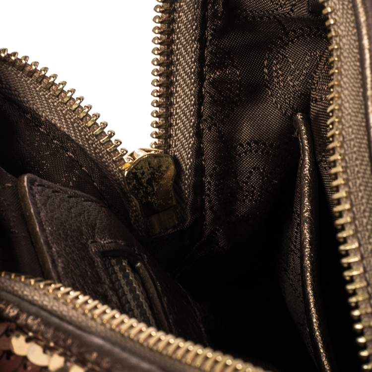 Pre Owned MICHAEL Michael Kors Gold Sequins and Leather Medium Grayson Boston Bag