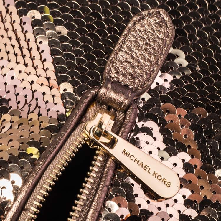 Pre Owned MICHAEL Michael Kors Gold Sequins and Leather Medium Grayson Boston Bag