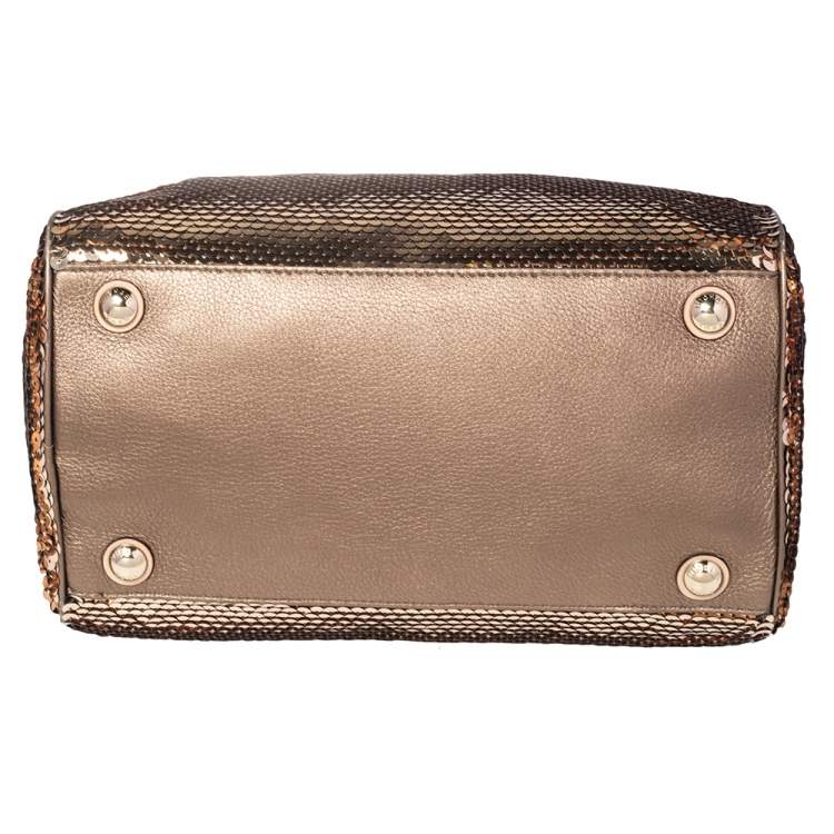 Pre Owned MICHAEL Michael Kors Gold Sequins and Leather Medium Grayson Boston Bag
