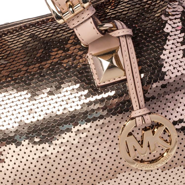 Pre Owned MICHAEL Michael Kors Gold Sequins and Leather Medium Grayson Boston Bag