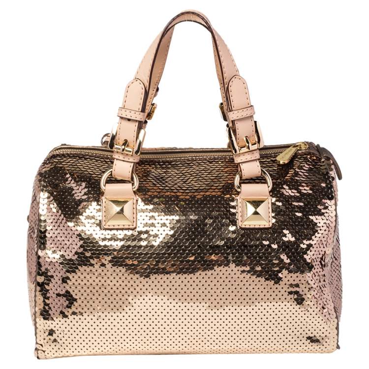 Pre Owned MICHAEL Michael Kors Gold Sequins and Leather Medium Grayson Boston Bag