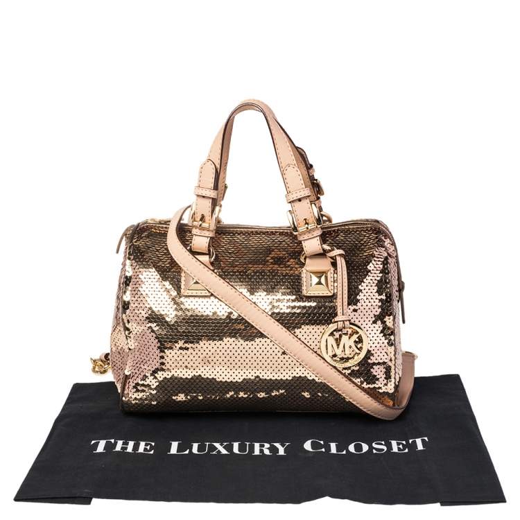 Pre Owned MICHAEL Michael Kors Gold Sequins and Leather Medium Grayson Boston Bag