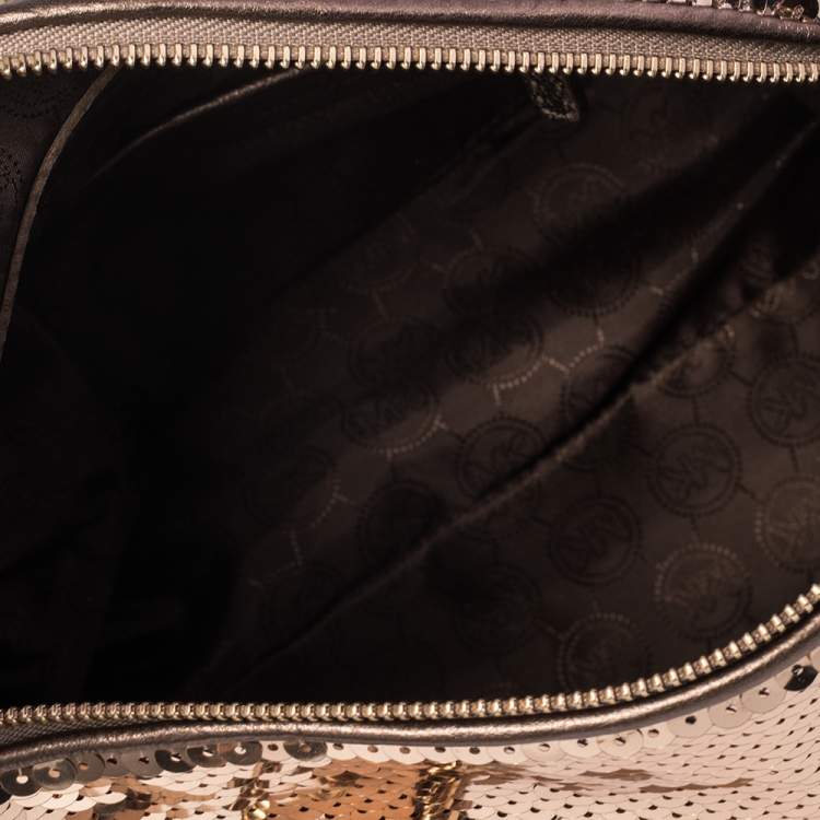 Pre Owned MICHAEL Michael Kors Gold Sequins and Leather Medium Grayson Boston Bag