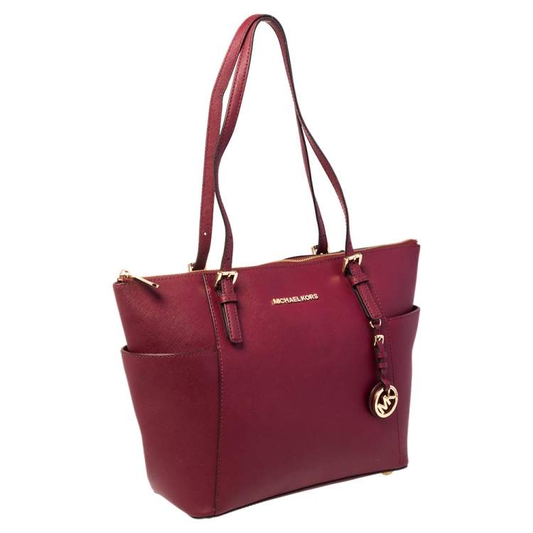 Pre Owned MICHAEL Michael Kors Burgundy Leather Large Jet Set Travel Tote