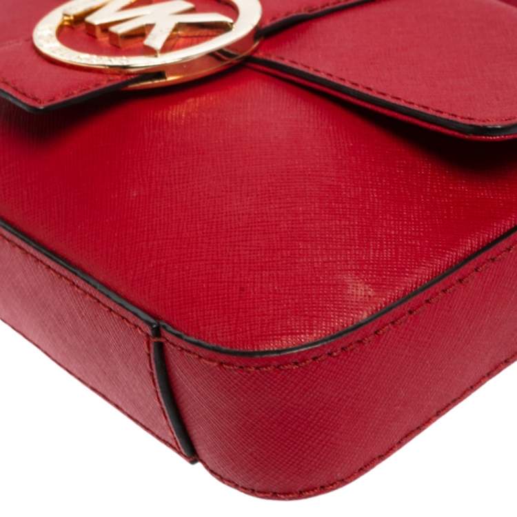 Pre Owned MICHAEL Michael Kors Red Leather Logo Flap Crossbody Bag