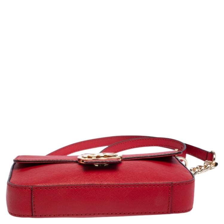 Pre Owned MICHAEL Michael Kors Red Leather Logo Flap Crossbody Bag