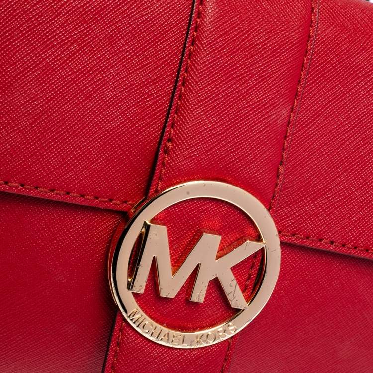 Pre Owned MICHAEL Michael Kors Red Leather Logo Flap Crossbody Bag