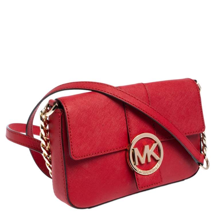 Pre Owned MICHAEL Michael Kors Red Leather Logo Flap Crossbody Bag