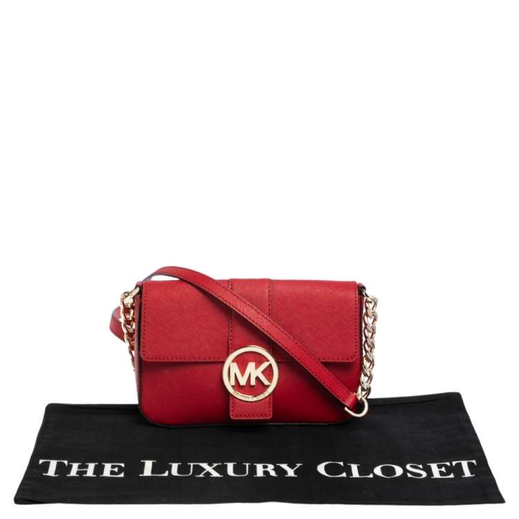 Pre Owned MICHAEL Michael Kors Red Leather Logo Flap Crossbody Bag