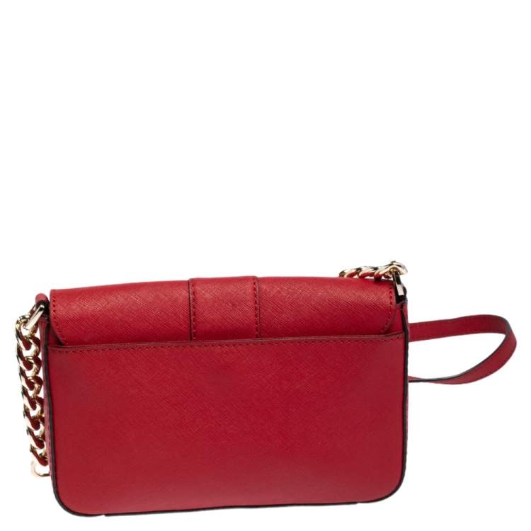 Pre Owned MICHAEL Michael Kors Red Leather Logo Flap Crossbody Bag