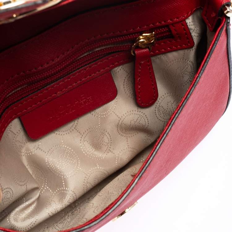Pre Owned MICHAEL Michael Kors Red Leather Logo Flap Crossbody Bag