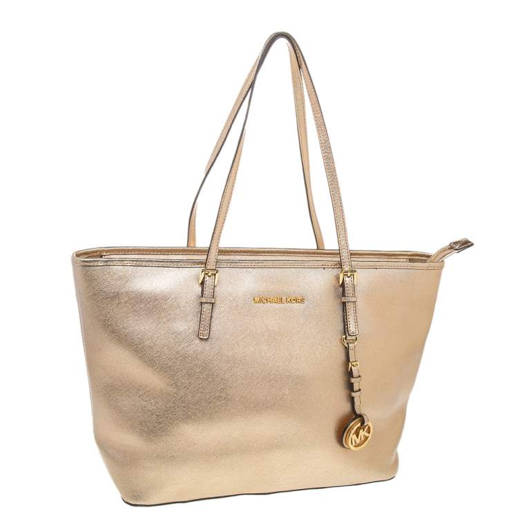 Pre Owned MICHAEL Michael Kors Metallic Gold Leather Large Jet Set Travel Tote