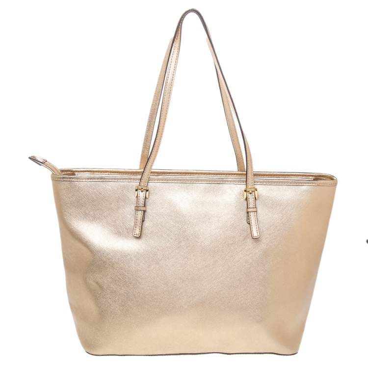 Pre Owned MICHAEL Michael Kors Metallic Gold Leather Large Jet Set Travel Tote