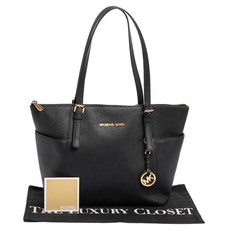Pre Owned MICHAEL Michael Kors Black Leather Medium Jet Set Top Zip Tote