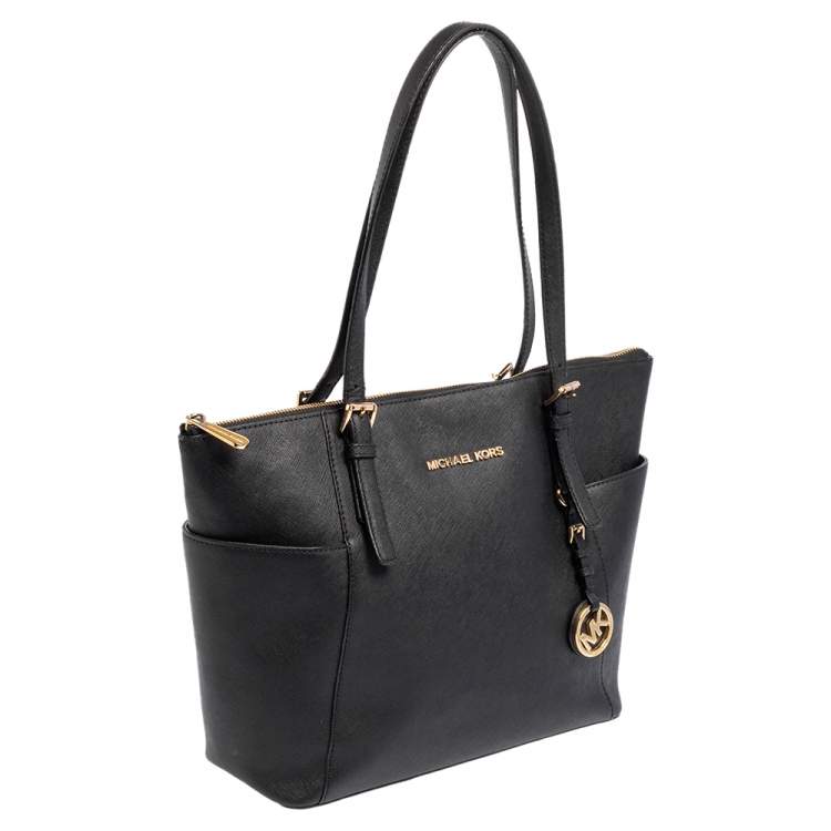 Pre Owned MICHAEL Michael Kors Black Leather Medium Jet Set Top Zip Tote