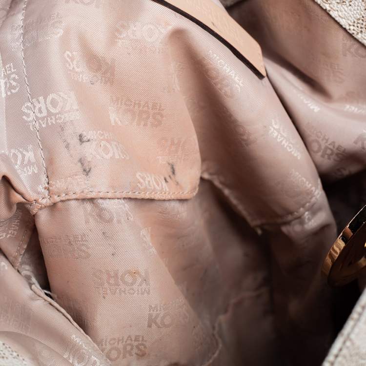 Pre Owned MICHAEL Michael Kors White/Beige Signature Coated Canvas and Leather Lilly Tote