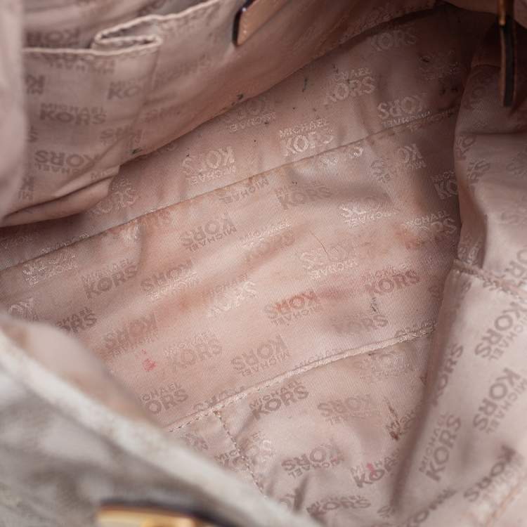 Pre Owned MICHAEL Michael Kors White/Beige Signature Coated Canvas and Leather Lilly Tote