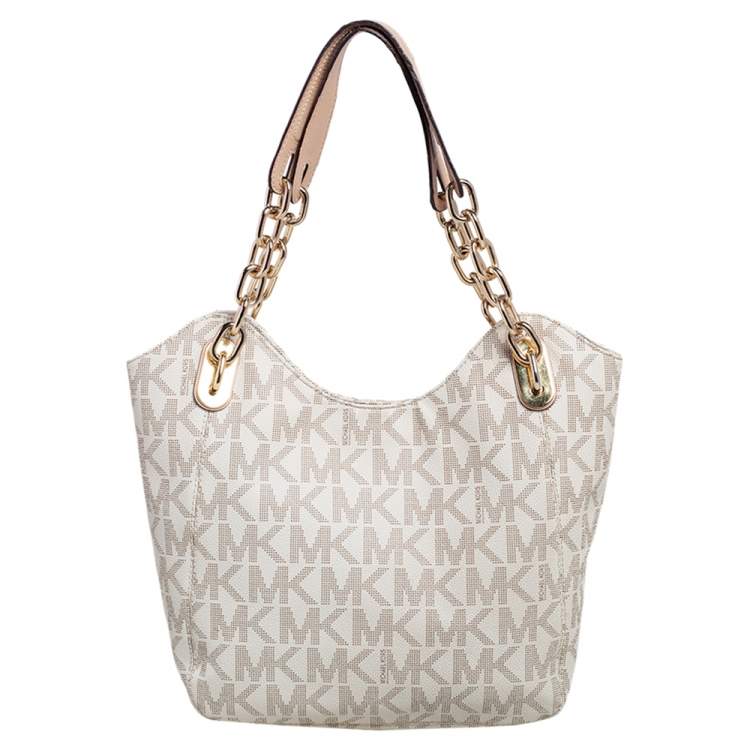 Pre Owned MICHAEL Michael Kors White/Beige Signature Coated Canvas and Leather Lilly Tote