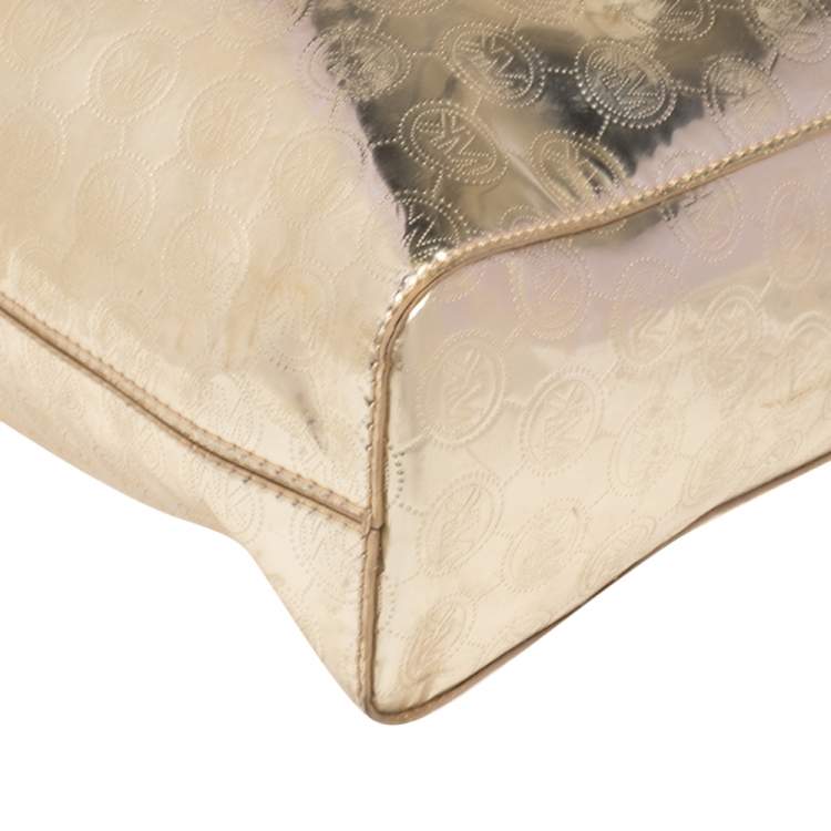 Pre Owned MICHAEL Michael Kors Metallic Gold Mirror Signature PVC and Leather North South Jet Set Tote