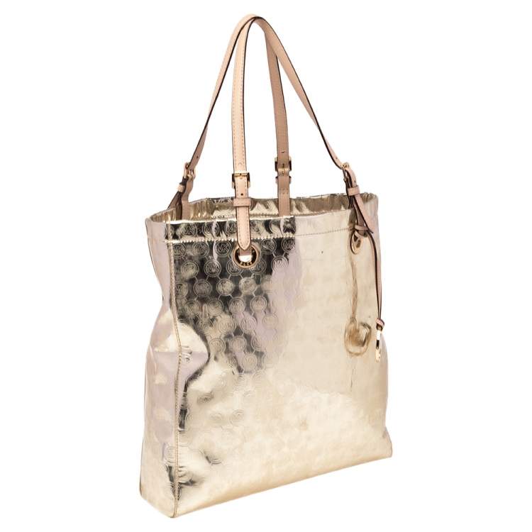 Pre Owned MICHAEL Michael Kors Metallic Gold Mirror Signature PVC and Leather North South Jet Set Tote