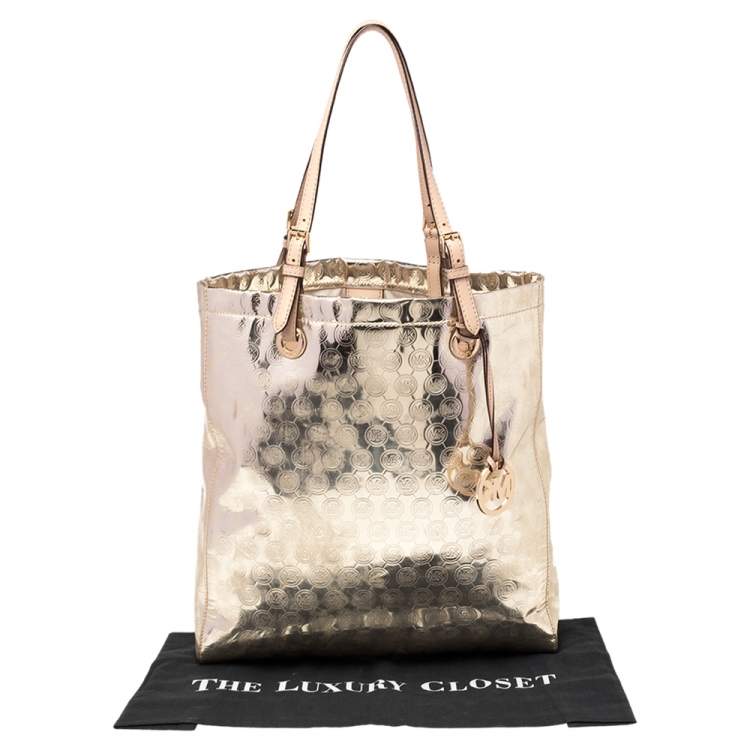 Pre Owned MICHAEL Michael Kors Metallic Gold Mirror Signature PVC and Leather North South Jet Set Tote