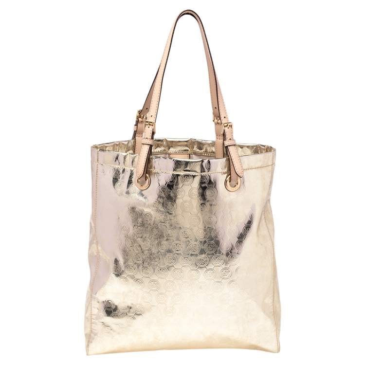 Pre Owned MICHAEL Michael Kors Metallic Gold Mirror Signature PVC and Leather North South Jet Set Tote