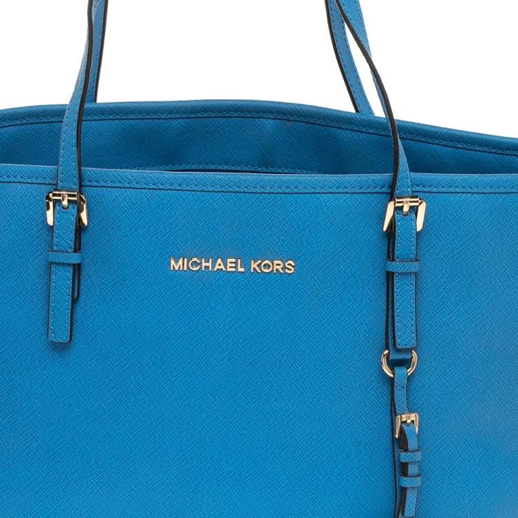 Pre Owned MICHAEL Michael Kors Blue Saffiano Leather Jet Set Shopper Tote
