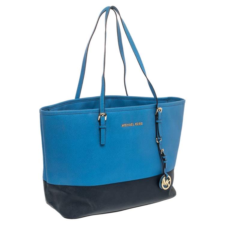 Pre Owned MICHAEL Michael Kors Blue Saffiano Leather Jet Set Shopper Tote