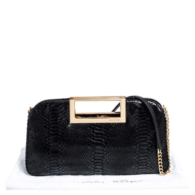 Pre Owned MICHAEL Michael Kors Black Python Embossed Patent Leather Berkley Clutch
