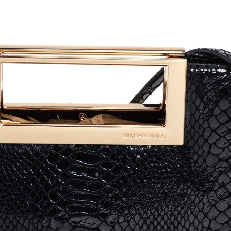 Pre Owned MICHAEL Michael Kors Black Python Embossed Patent Leather Berkley Clutch