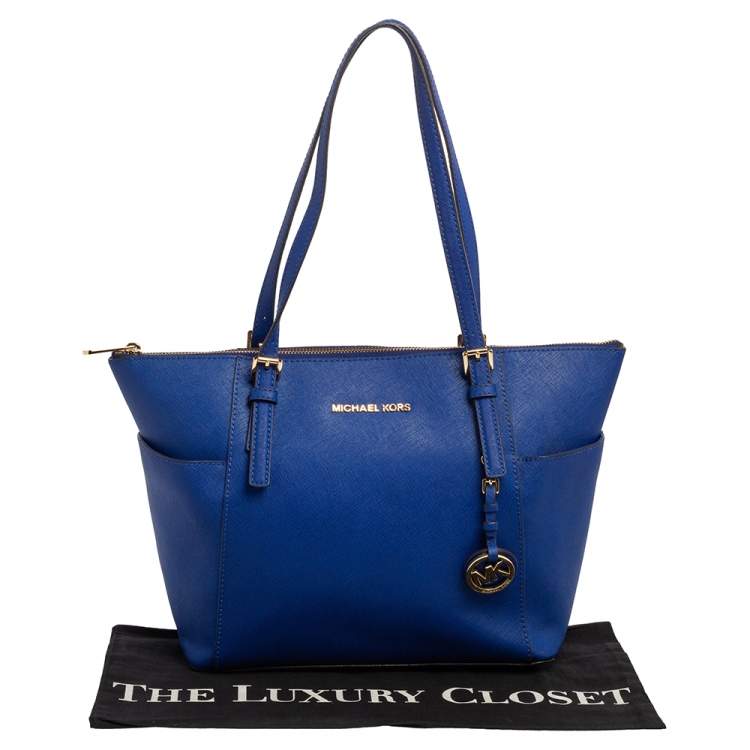 Pre Owned MICHAEL Michael Kors Blue Leather Medium Jet Set Top Zip Tote