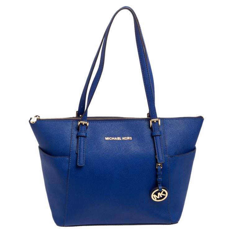 MICHAEL Michael Kors Blue Leather Medium Jet Set Top Zip Tote MICHAEL ...