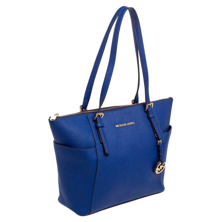 Pre Owned MICHAEL Michael Kors Blue Leather Medium Jet Set Top Zip Tote