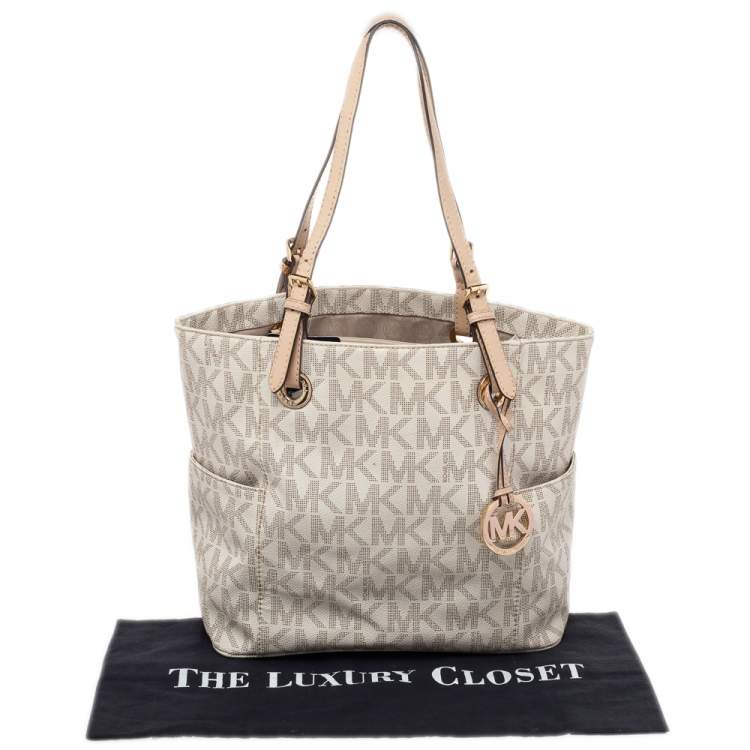 Pre Owned MICHAEL Michael Kors Beige Coated Canvas Jet Set Tote